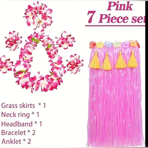 7pcs Hawaiian Hula Costume Set, Tropical Grass Skirt, Lei, Beach Party,Halloween - Picture 6 of 10